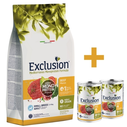 Exclusion | אקסלוז'ן בוגרים לכלבים מגזע קטן – בקר 7 ק"ג + 2 שימורי מזון 400 גרם